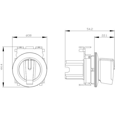 Technical drawing of a round switch with dimensions: 38 mm diameter, 54.2 mm depth measurement, front view with 44.4 mm height.