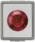 A large, round, red button on a rectangular grey background, possibly an emergency stop switch.