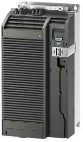 A black electrical device with vertical louvres and visible screw terminals at the top, possibly a frequency converter.