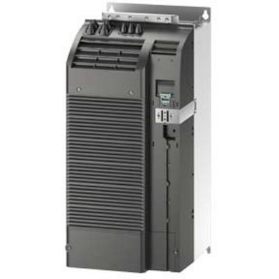 Black frequency converter with heat sinks, terminal blocks on top, and operational indicator mounted at the front on a silver metal frame.