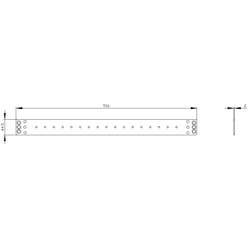 Technical drawing of a rectangular metal beam with a row of holes, length 516 mm, height 15 mm.