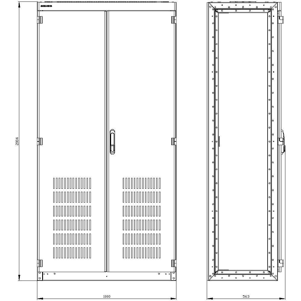 Technical drawing of a control cabinet with front and side view. Dimensions specified: Height 2200 mm, Width 1000 mm, Depth 564 mm.