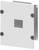 Grey metal plate with a rectangular opening in the centre, four black fixing elements at the corners and a vertical mounting bracket on the right.