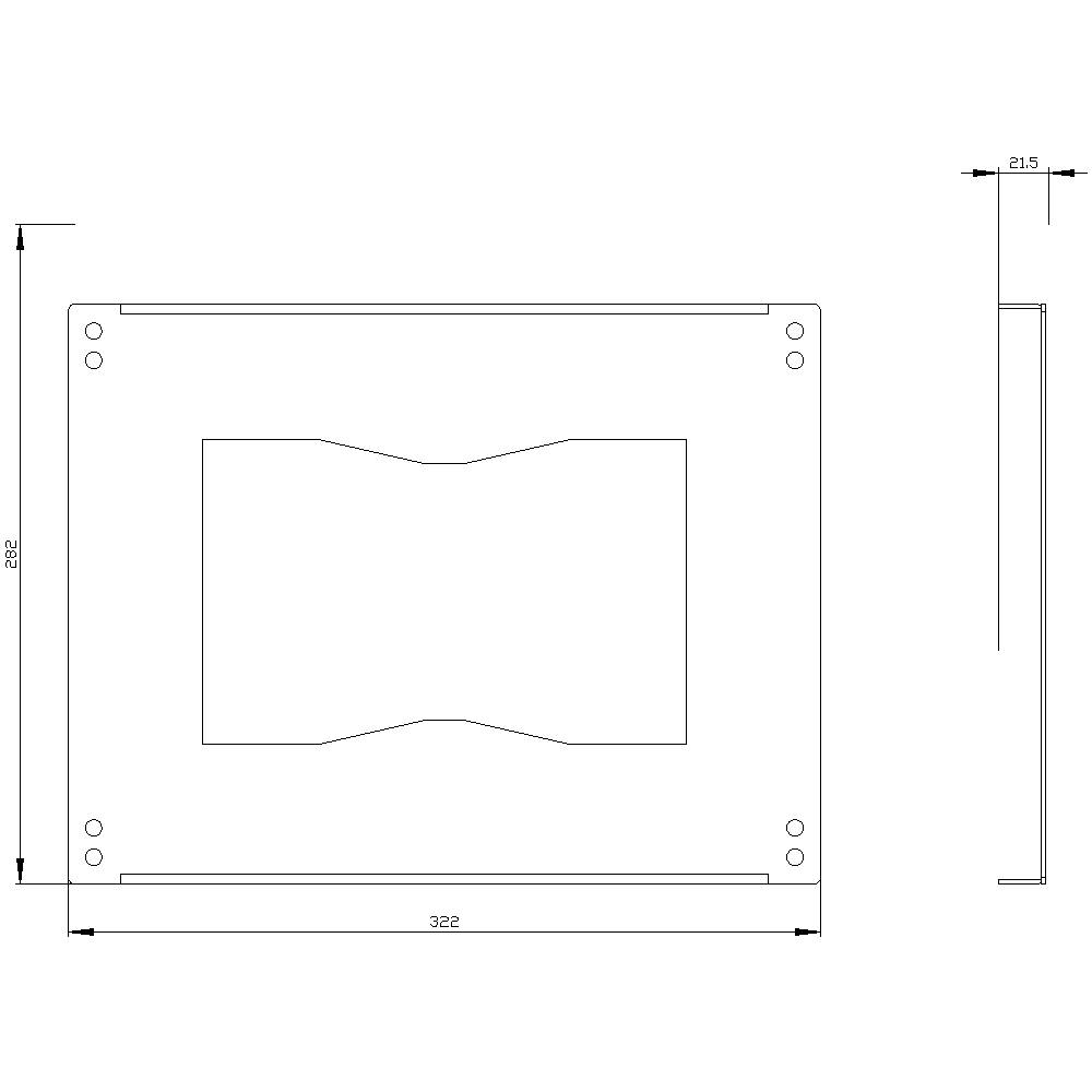 Technical drawing of a rectangular plate. Dimensions are 202 mm high on the left and 322 mm wide at the bottom. Side view shows a depth of 21.5 mm.