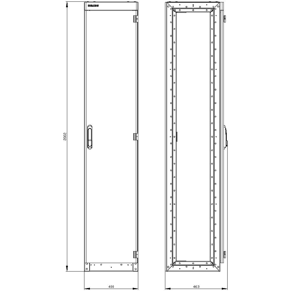 'Technical drawing of a tall control cabinet with dimensions: Height 2000 mm, Width 416 mm, Depth 463 mm.'