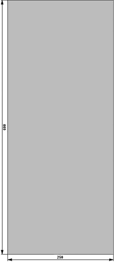 A grey rectangle with a label showing its dimensions: 600 high and 250 wide.