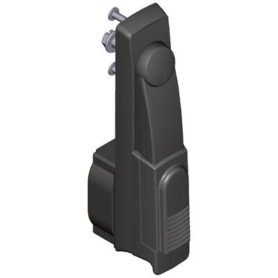 A black, vertical handle piece with an ergonomic design and screws on the top surface for mounting onto a surface.