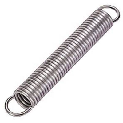 Cylindrical metal tension spring with close-wound coils and eyes at both ends, on a white background.