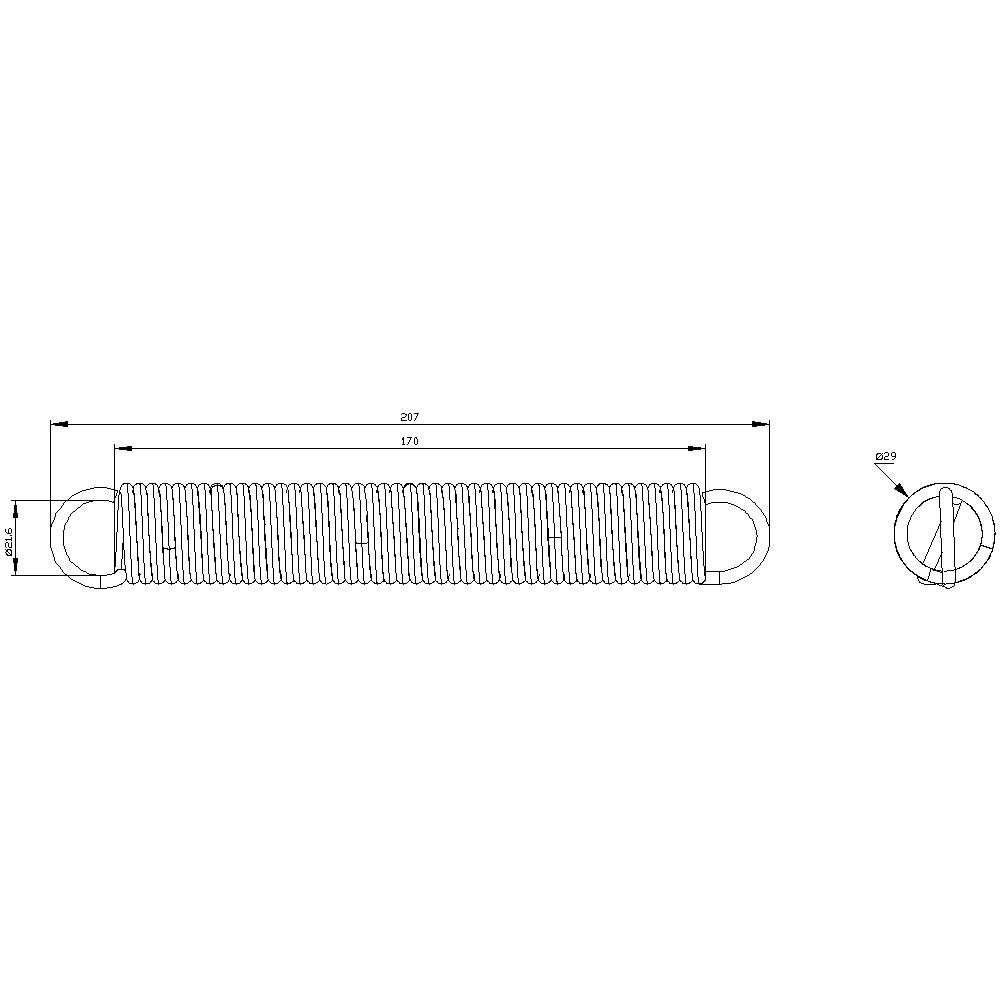 Compression spring in technical drawing with dimensions: length 297 mm, diameter 20 mm, coil diameter 29 mm.