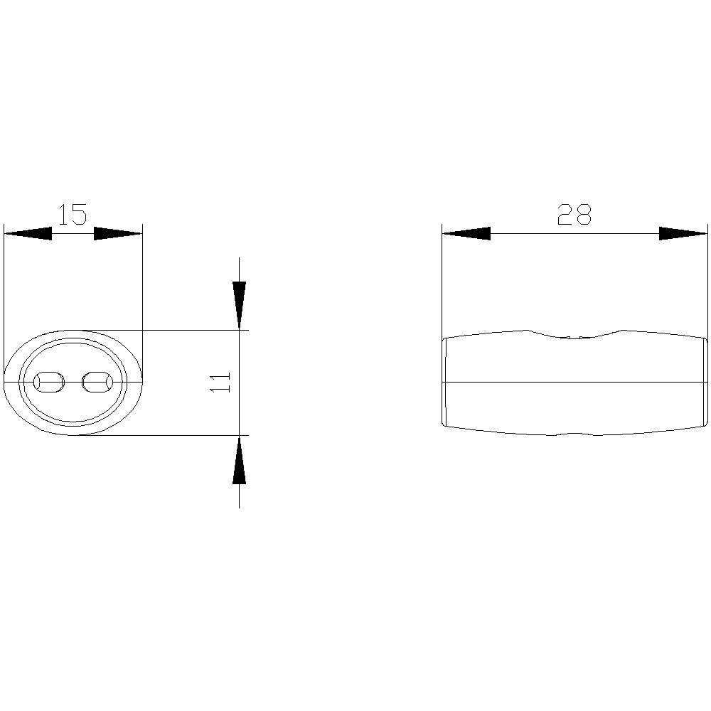 Drawing of an oval object with dimensions: 15 mm width, 11 mm height, 28 mm length; shows front and side views.