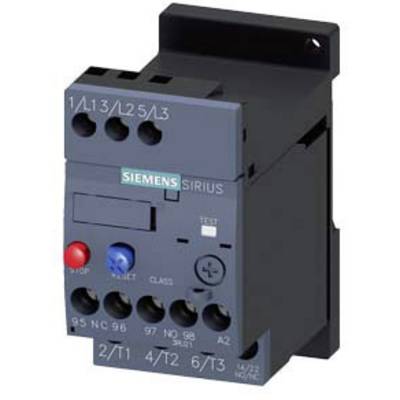 'Siemens Sirius' contactor: A blue-grey electrotechnical device with multiple terminal connections, switches, and an LED indicator.