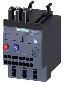 Siemens relay with buttons and terminals, model 'Sirius 3RU21', black and grey, with blue 'Reset' and red 'Stop' button.