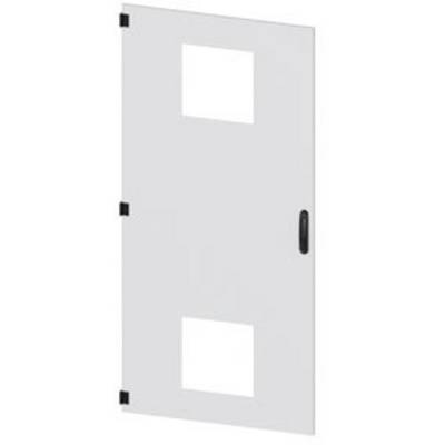 A grey door with two square windows and a side-mounted door handle.