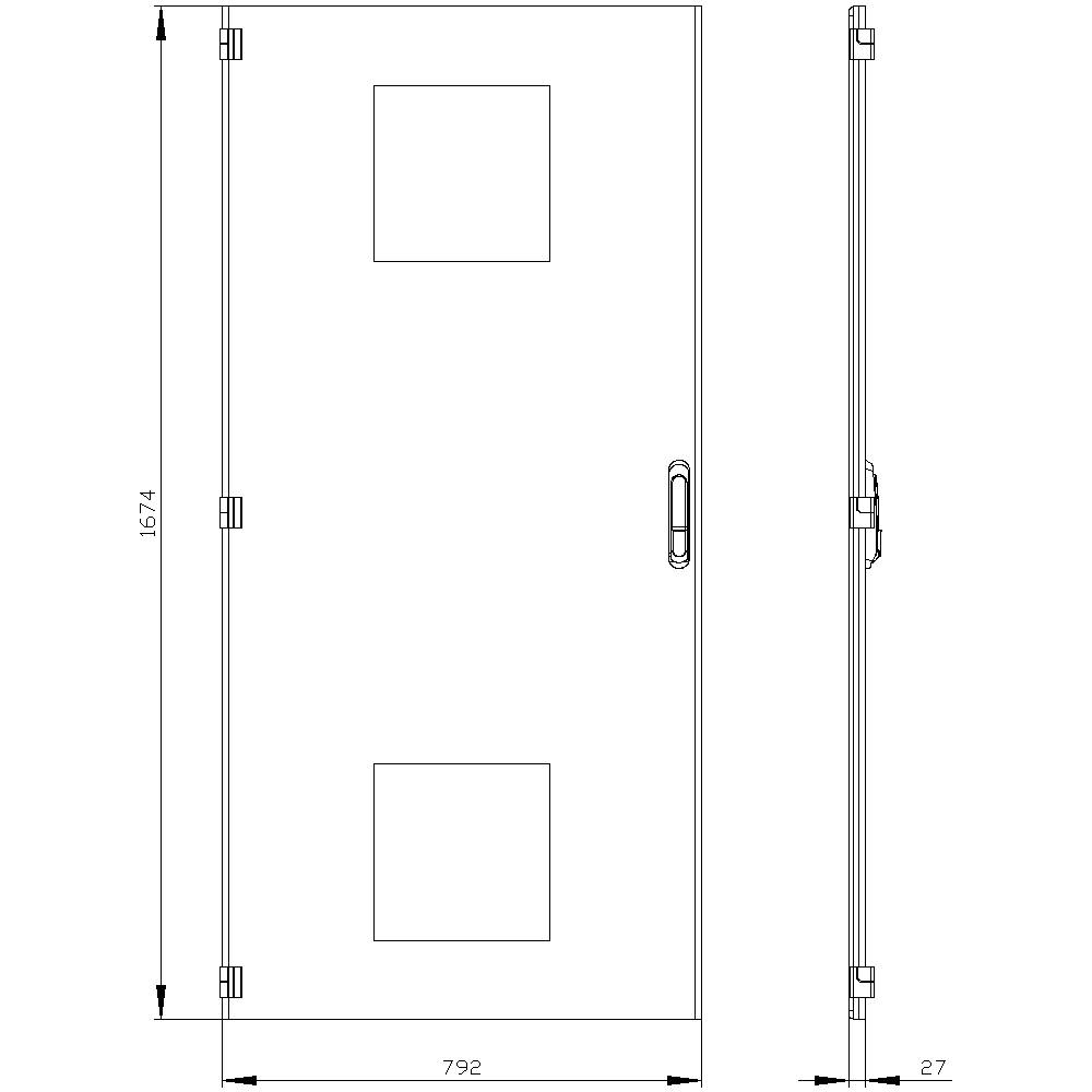 'Door plan with dimensions: Height 1674 mm, Width 792 mm, Depth 27 mm. Two square windows. Door handle positioned on the right.'