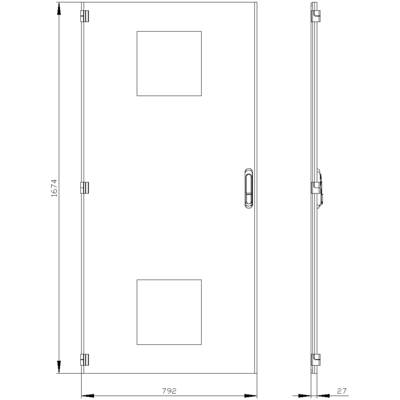 'Door plan with dimensions: Height 1674 mm, Width 792 mm, Depth 27 mm. Two square windows. Door handle positioned on the right.'