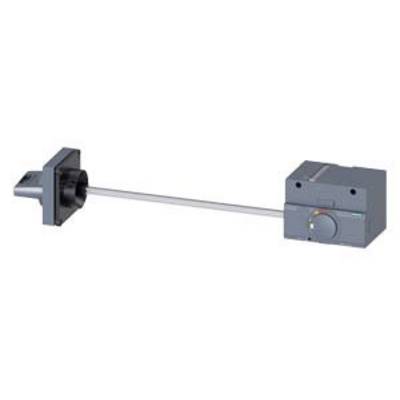 An electronic device with a rotary knob and display, connected by a long rod to a mechanical element.