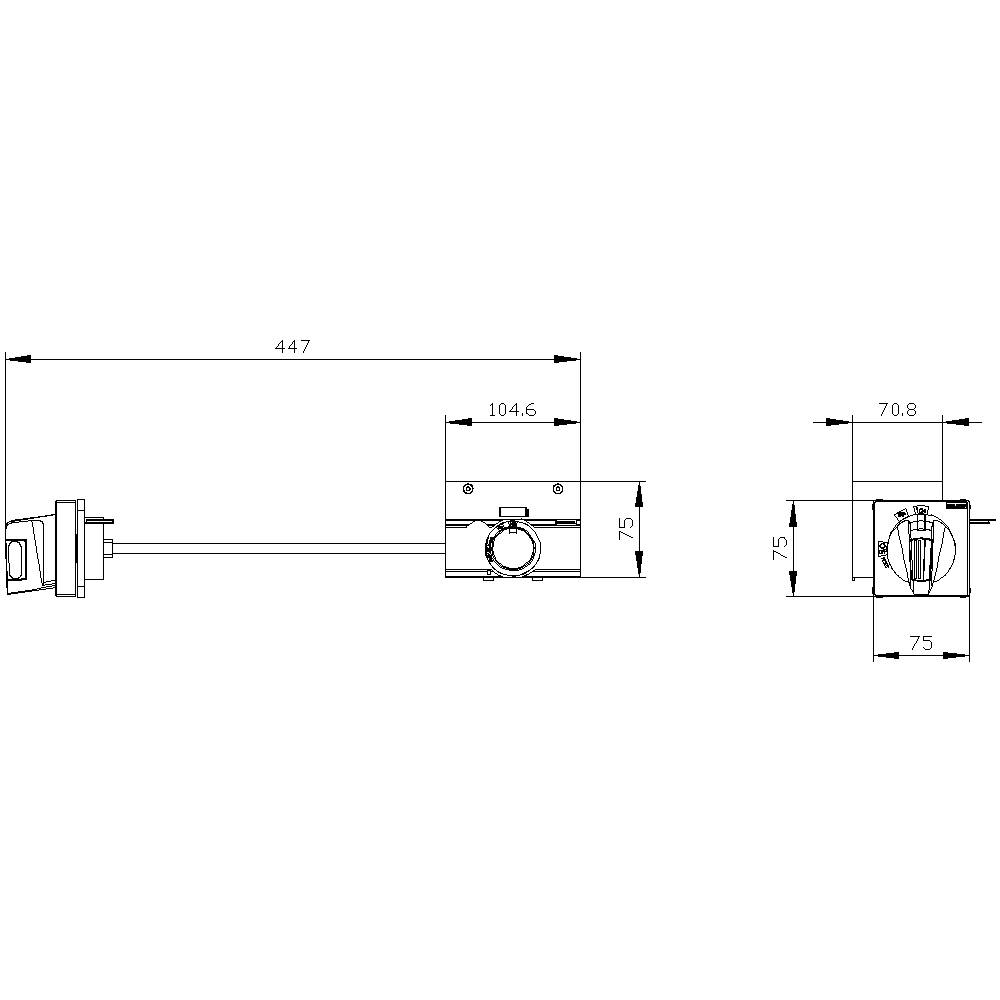 Technical drawing of an adjustable device with dimensions: Total length 447 mm, front section 104.6 mm, width 70.8 mm, height 75 mm.