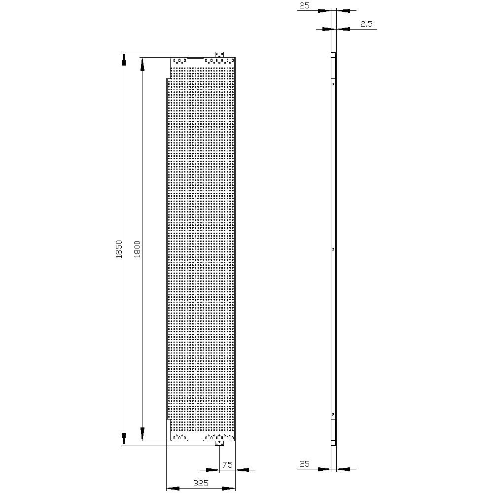 Technical drawing of a rectangular ventilation grille, side and front view, with dimensions: height 150 mm, width 32.5 mm.