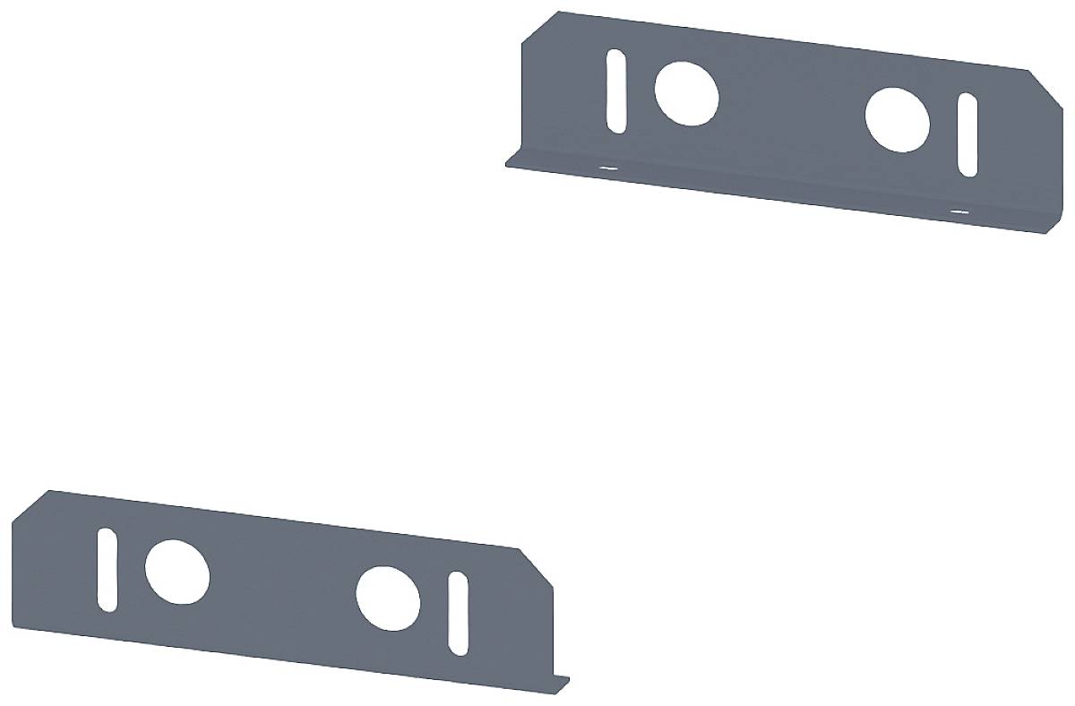 Two rectangular, grey metal brackets with round and elongated holes, arranged diagonally.