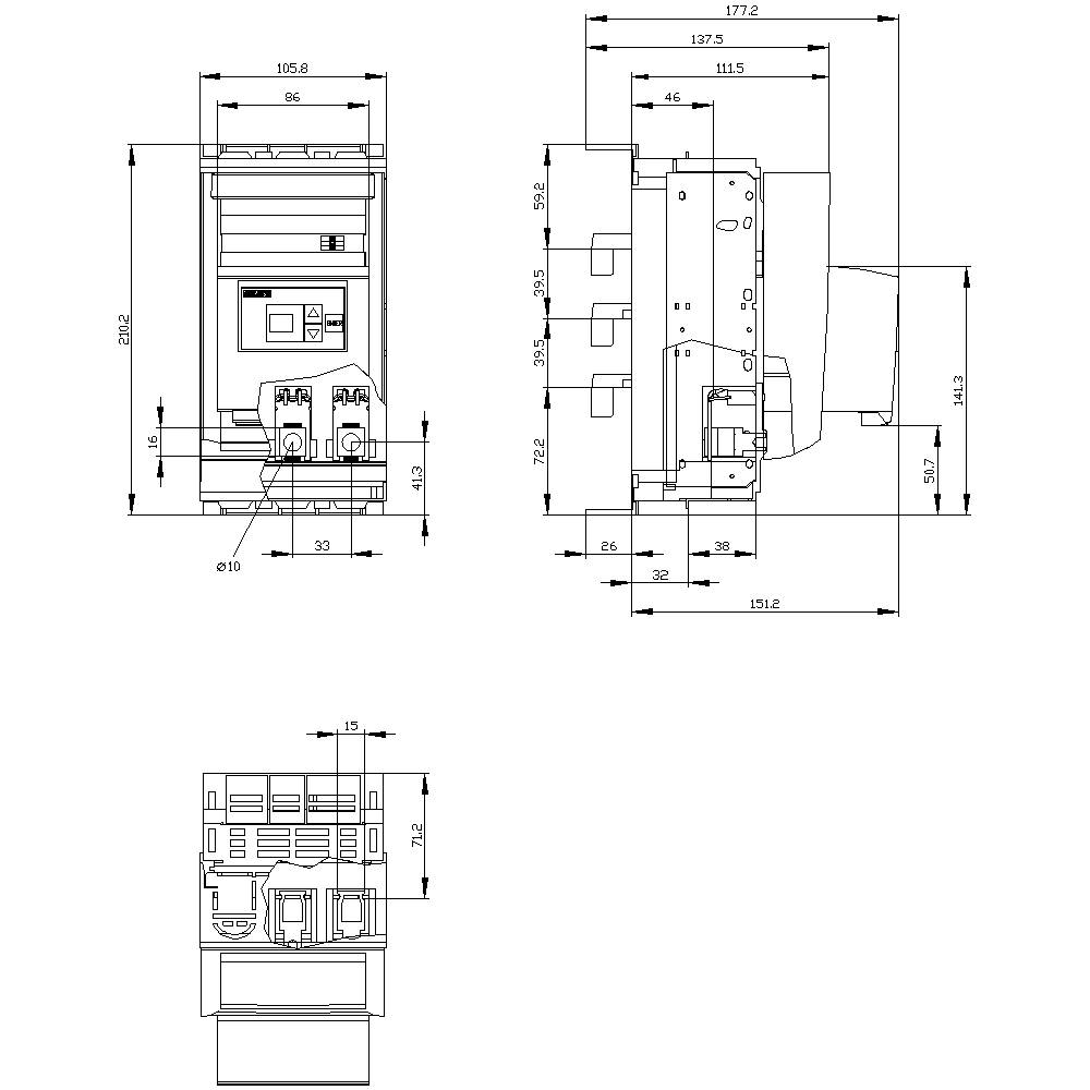 Technical drawing of an electrical switch with detailed dimensions in three views: front, side, and top view.