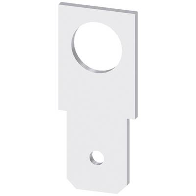 A rectangular metal sheet with two round holes of different sizes, the larger one at the top, the smaller one at the bottom.