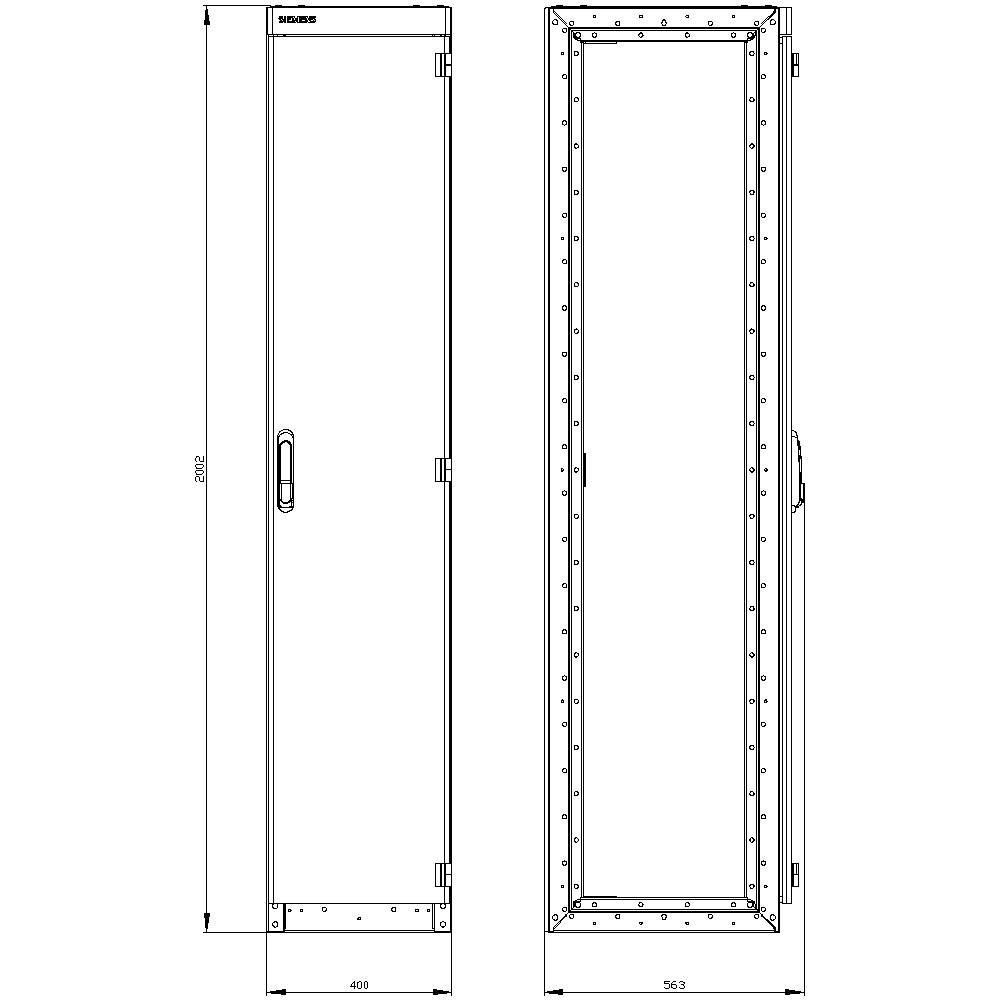 Technical drawing of a rectangular, tall control cabinet with dimensions: Height 2002 mm, Width 600 mm, Depth 365.2 mm.