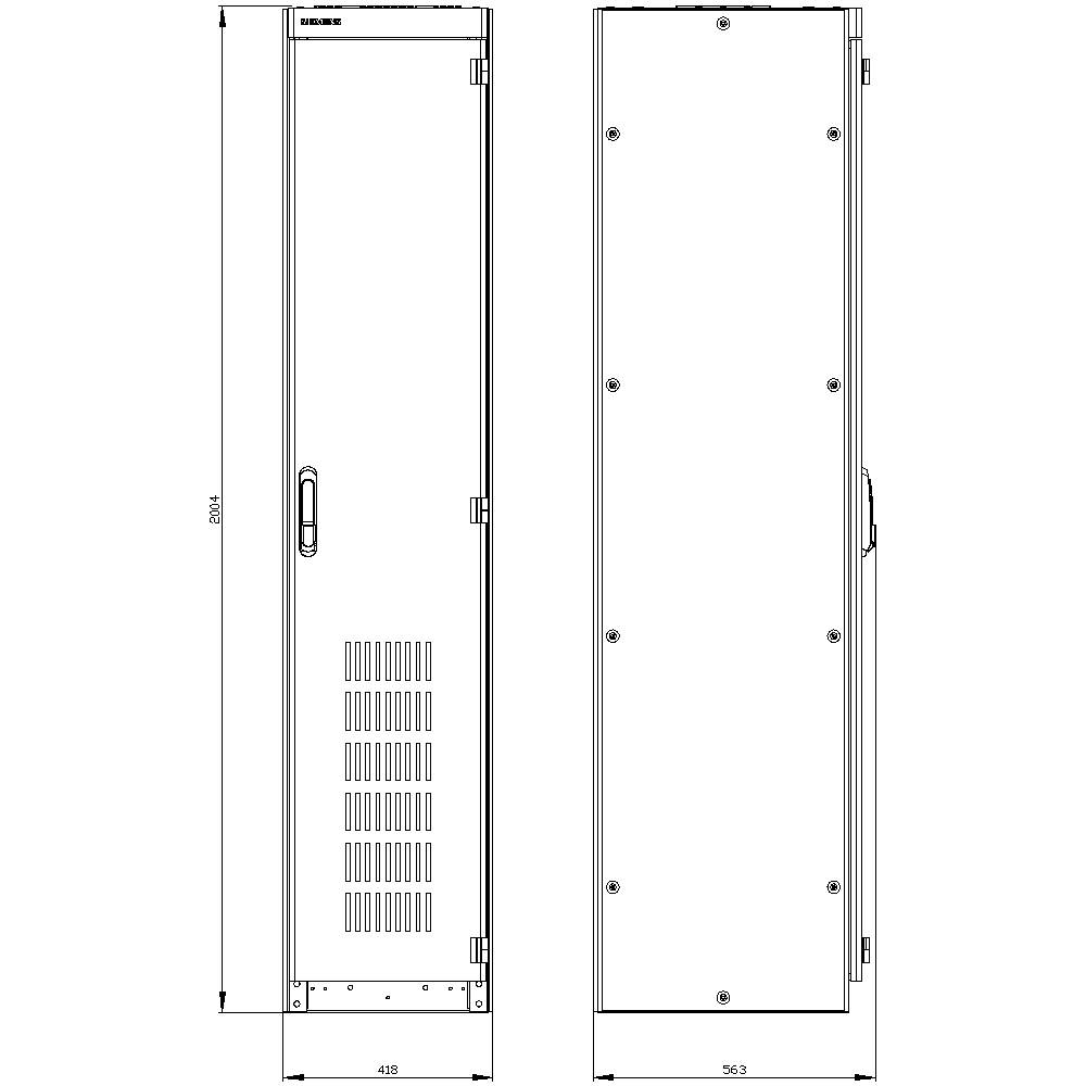 Control cabinet sketch with front and side view, showing dimensions: height approx. 2000 mm, width 438 mm and depth 563 mm.