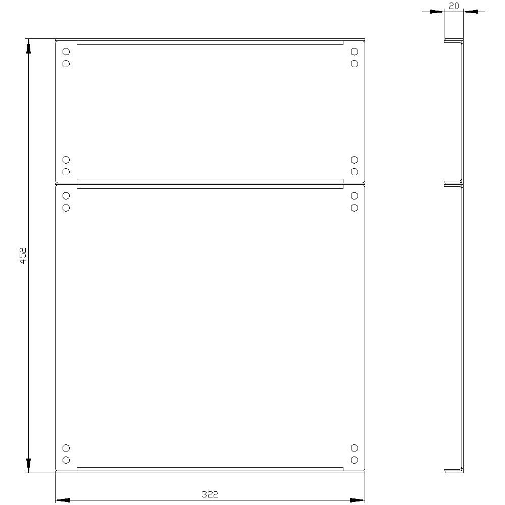 Technical drawing of a rectangular metal sheet. Dimensions: width 322 mm, height 452 mm, thickness 20 mm, with mounting holes.