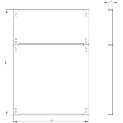 Technical drawing of a rectangular metal sheet. Dimensions: width 322 mm, height 452 mm, thickness 20 mm, with mounting holes.