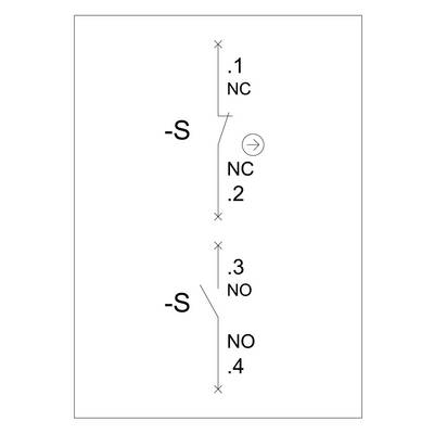 Switching symbol shows two switches: Upper NC (closed in rest position), lower NO (open in rest position), labelled with '-S'.