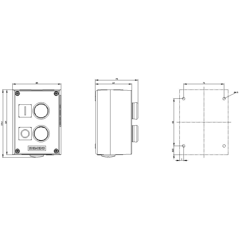 Technical drawing of a rectangular enclosure with dimensions and two circular openings; side and top view.