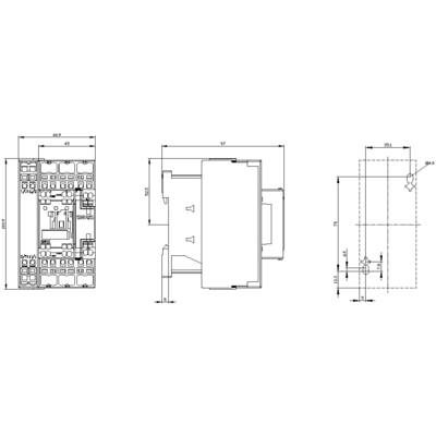 Technical drawing of an electrical device with dimensions and labels in millimetres. Shows front, side, and rear views.
