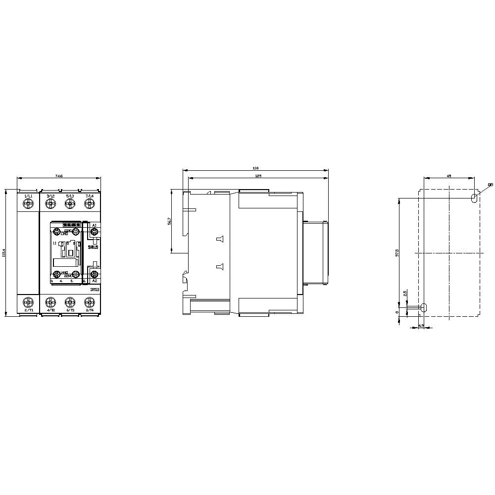Technical drawing of an electrical switch, showing front, side, and top views with precise dimensions in millimetres.