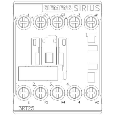 A Siemens Sirius 3RT25 contactor, showing various terminal connections and their labels.