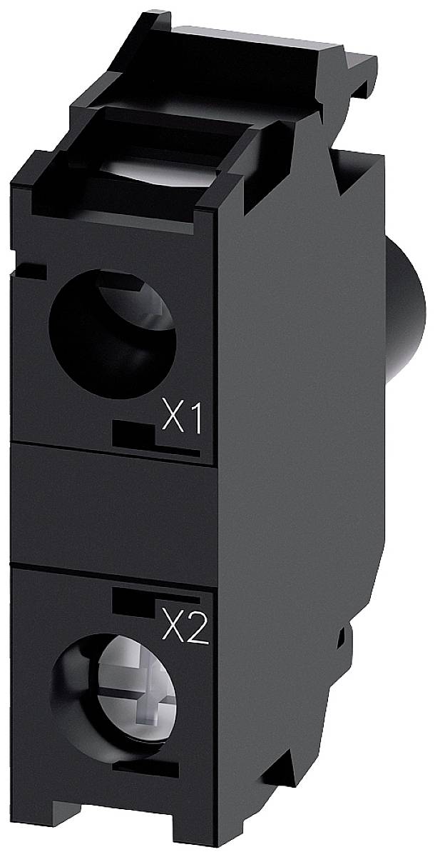 Black electric terminal block with two connections, labelled 'X1' and 'X2', for connecting cables in control cabinets.