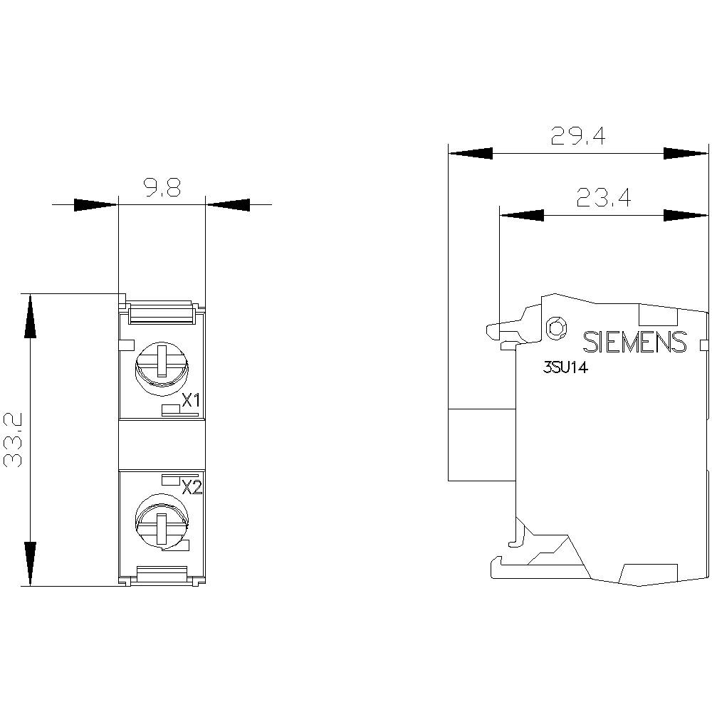 Technical drawing of a Siemens switch with dimensions: width 9.8 mm, height 33.2 mm, circumference 29.4 mm, contact points X1 and X2.