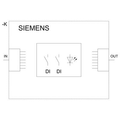 Electronic component with input and output terminals. Shows circuit symbols for two control relays and a diode.