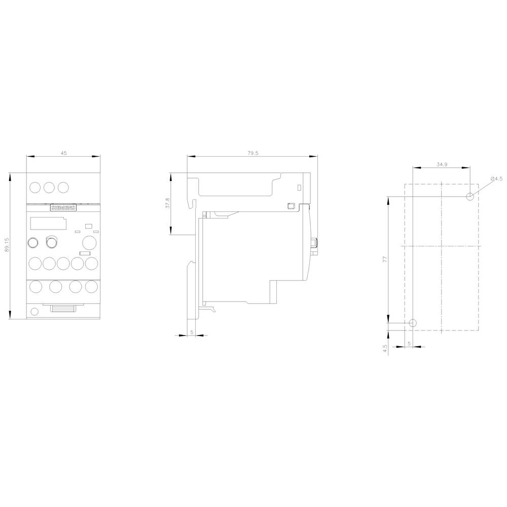 Technical drawing of an electrical component with dimensions. Three views: front view, side view, and top view. Measurements in millimetres.