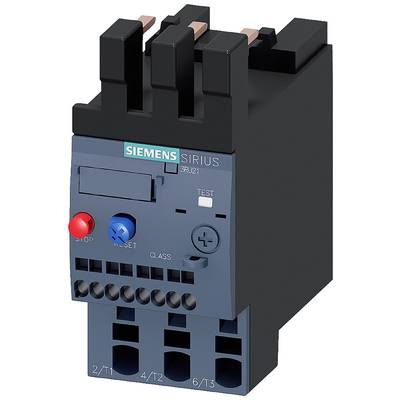 A Siemens SIRIUS overload relay with control elements for stop, reset, and test. Top side shows three connections.