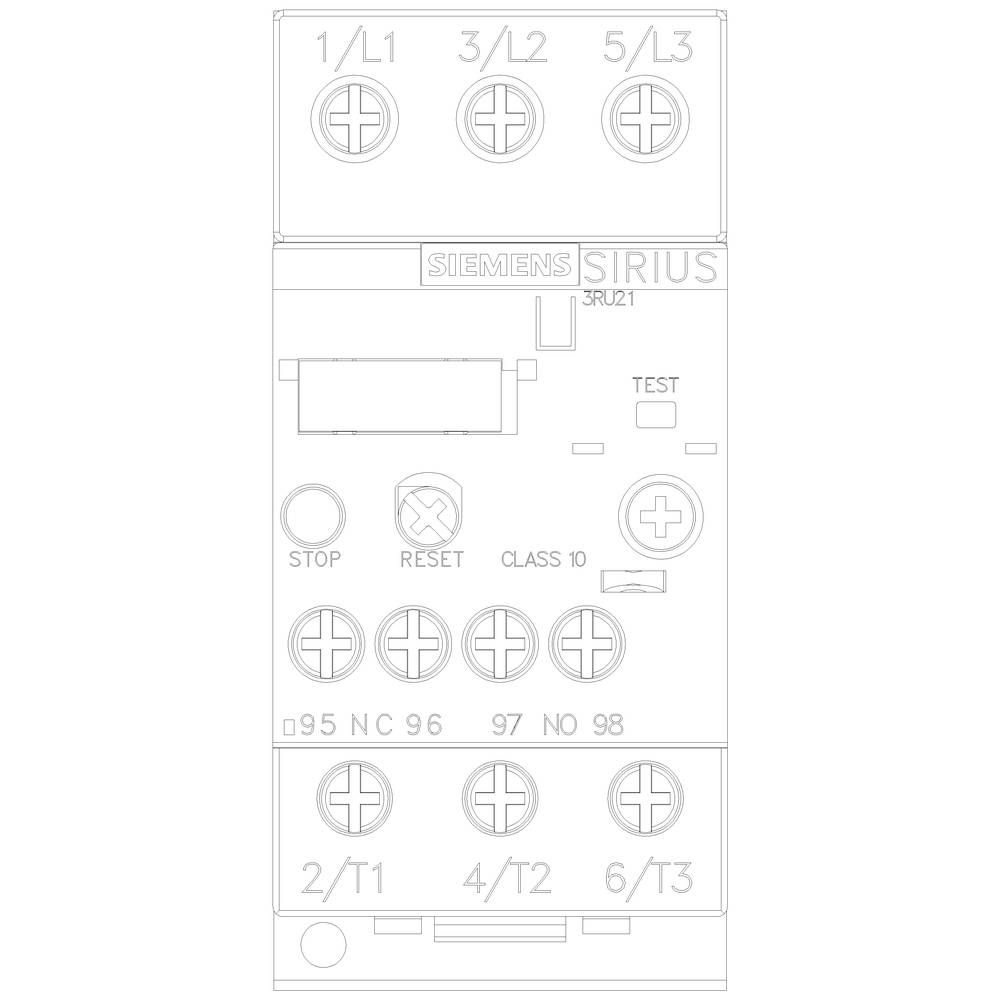 'Contactor with Siemens logo. Top: Terminals 1L1, 3L2, 5L3. Bottom: Stop, Reset, Test buttons. Terminals 2T1, 4T2, 6T3. Type: 3RU21.'