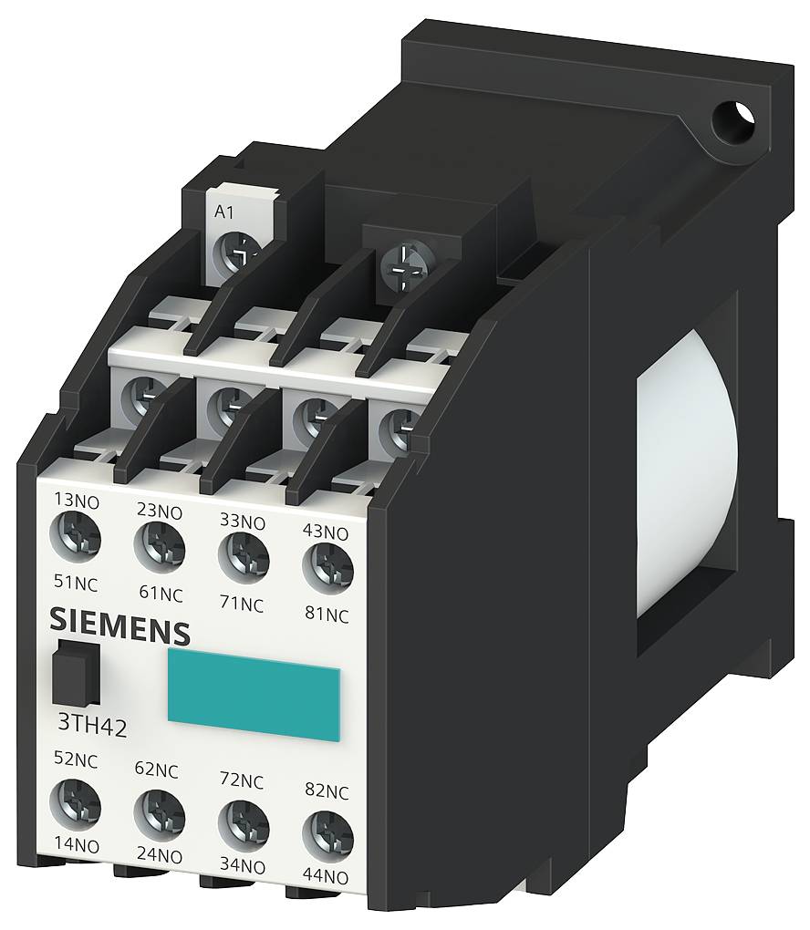 A Siemens contactor model 3TH42 with multiple connections and labels on a plastic mounting. Essential for control circuits.