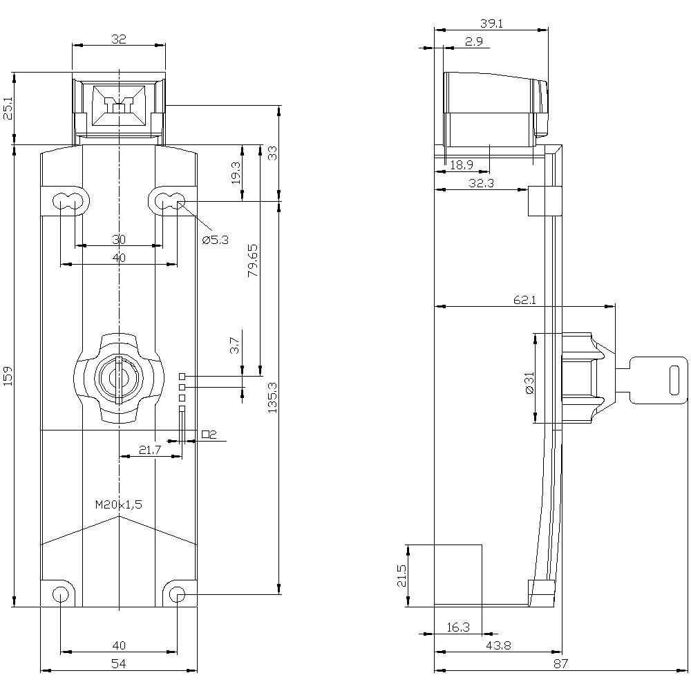 Technical drawing of a mechanical component with detailed dimensions and views from front and side perspective.