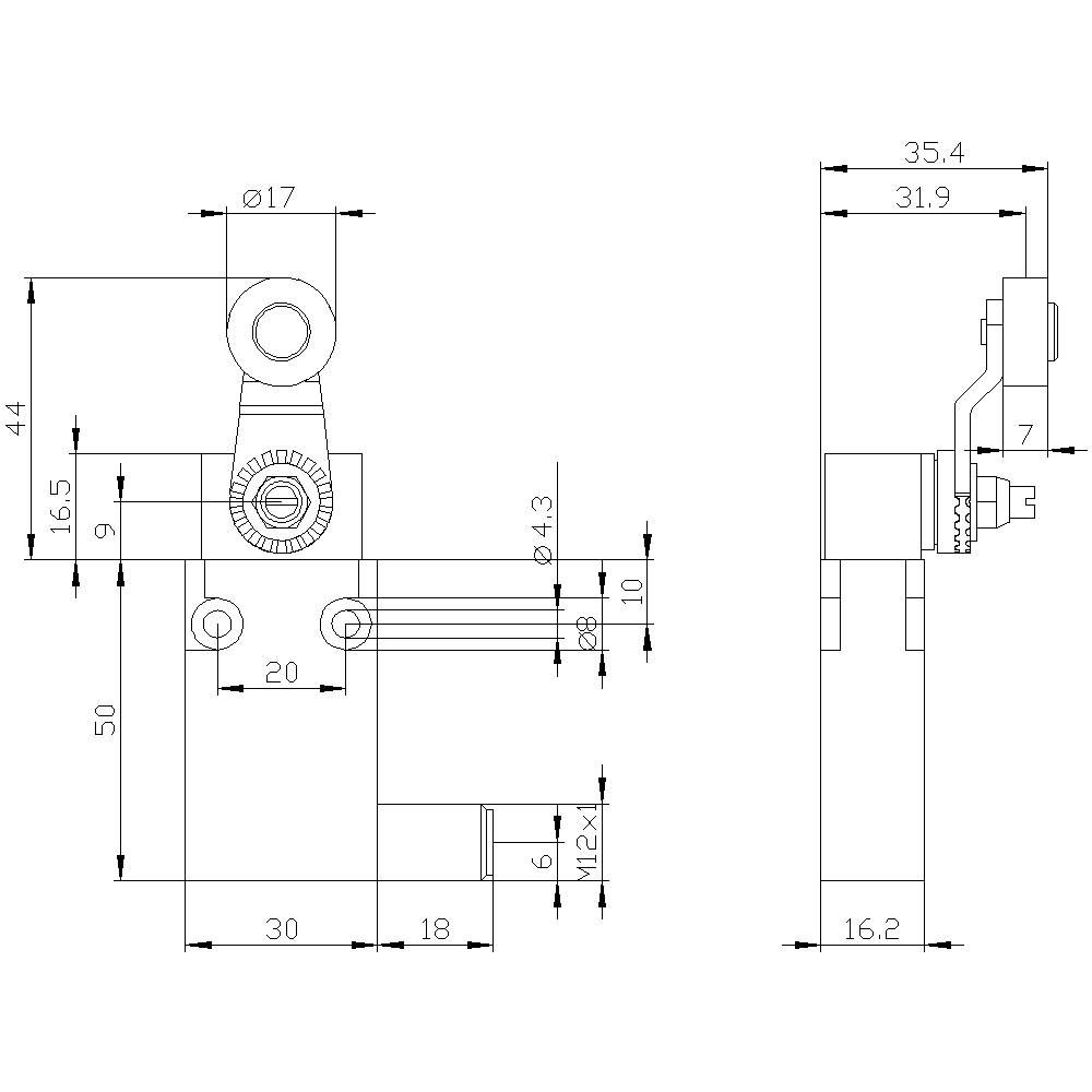 Technical drawing of a mechanical component with dimensions in millimetres. Different views show drill holes and threads.