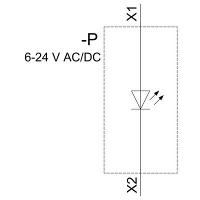 A circuit diagram shows a diode between terminals X1 and X2. Voltage: 6-24 V AC/DC. Negative polarity is marked with '-P'.