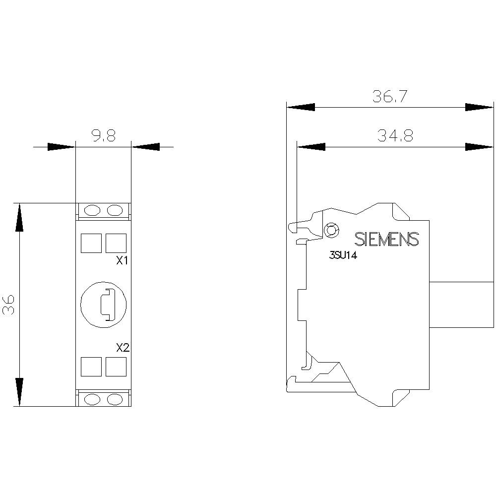 Technical drawing of a Siemens 3SU14 switch. Dimensions: Height 36 mm, Width 9.8 mm. Side view shows 36.7 mm depth.