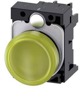 Large, round yellow button on a black mounting. Mechanical switch, typical for machine controls and control panels.