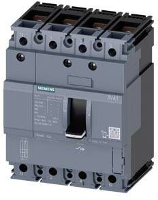 Circuit breaker with switch handle, grey enclosure, Siemens logo, Model 3VA1, four poles on top, technical specifications printed.
