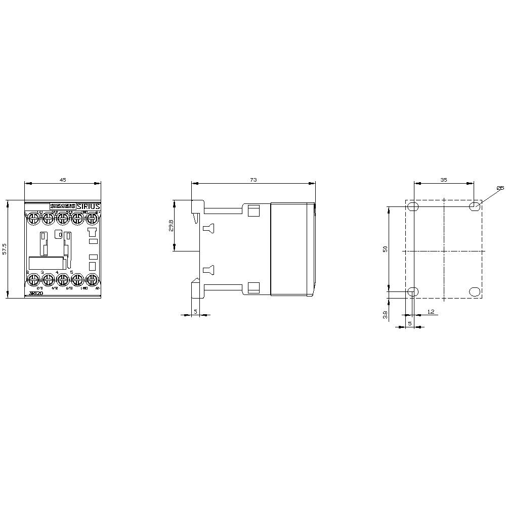 Technical drawing of an electrical relay with side and top views, dimensions noted in millimetres.