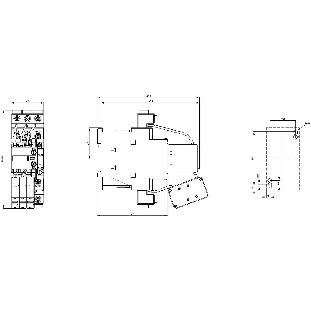 Technical drawing of an electrical switch with three views: front view with connections, side view, and top view with dimensions.