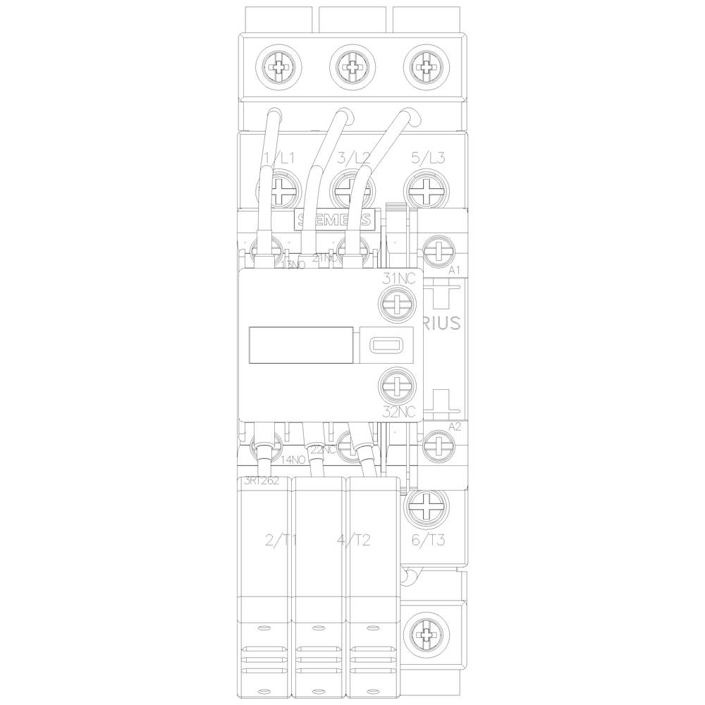 'Contactor with wiring, showing connection terminals and switching contacts. Inputs L1, L2, L3 are at the top. Outputs T1, T2, T3 are at the bottom.'
